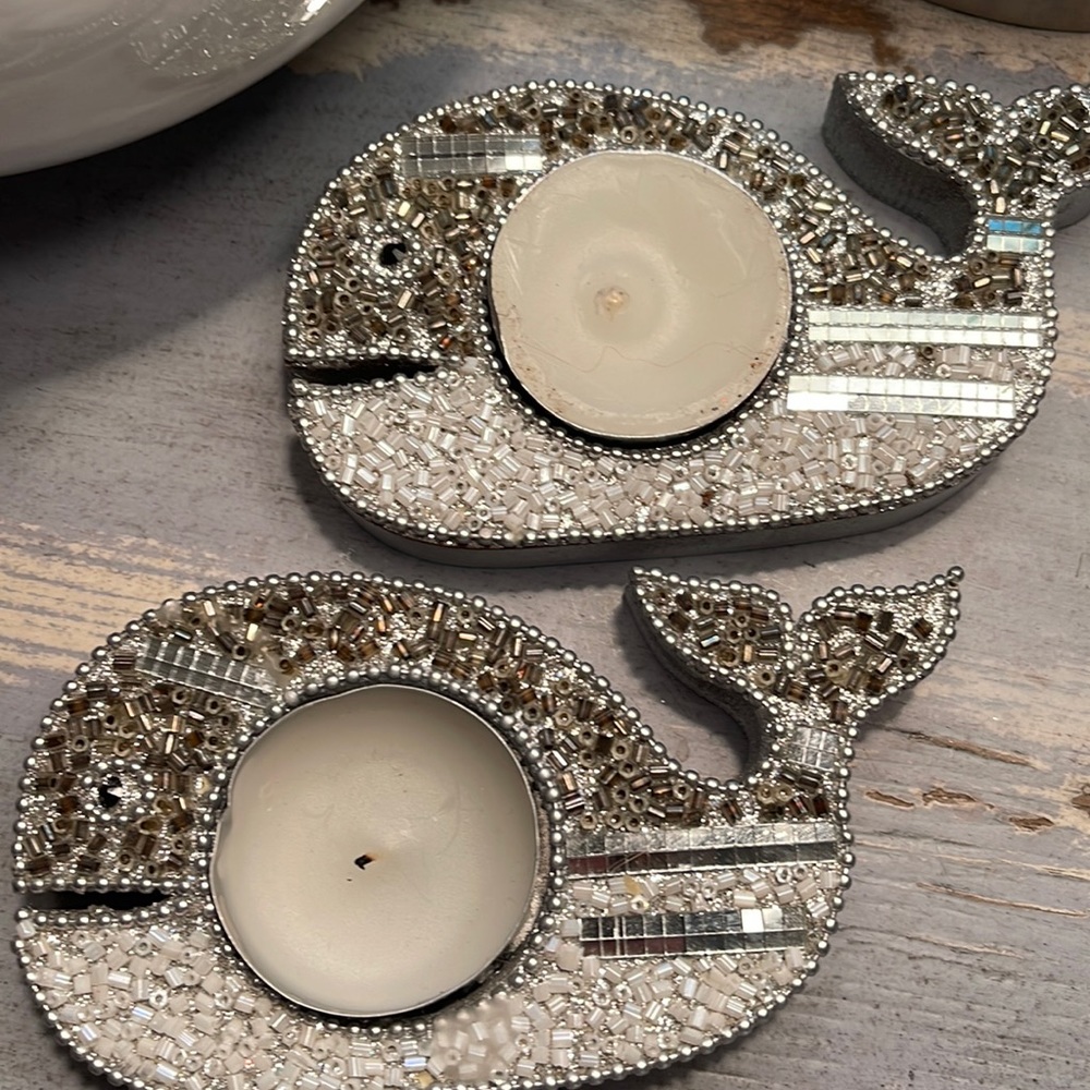 Pier 1 Beaded Wooden Whale 🐳 T-light Holders in EUC!!